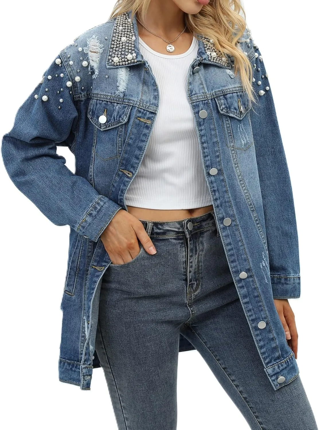 Women's Long Sleeve Button Down Pearl Jean Jacket Boyfriend Long Denim Coat