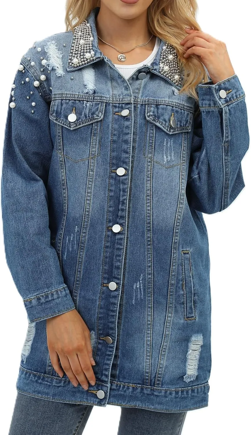 Women's Long Sleeve Button Down Pearl Jean Jacket Boyfriend Long Denim Coat