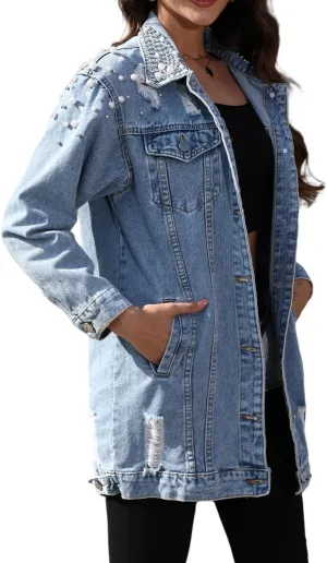 Women's Long Sleeve Button Down Pearl Jean Jacket Boyfriend Long Denim Coat