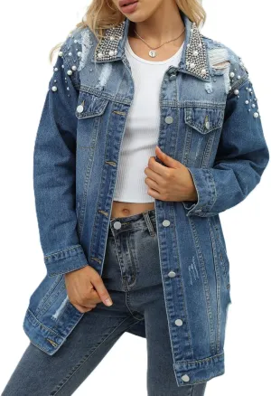 Women's Long Sleeve Button Down Pearl Jean Jacket Boyfriend Long Denim Coat