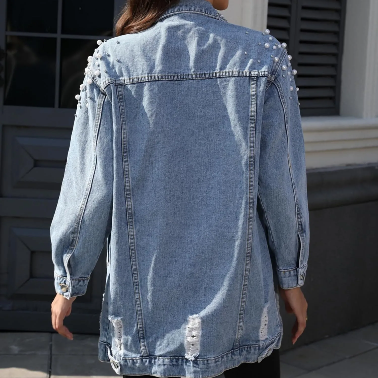 Women's Long Sleeve Button Down Pearl Jean Jacket Boyfriend Long Denim Coat