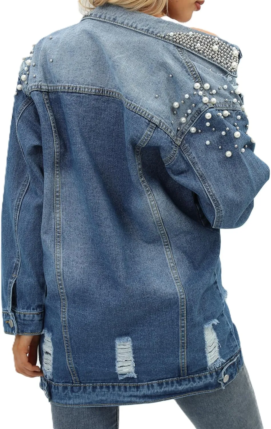 Women's Long Sleeve Button Down Pearl Jean Jacket Boyfriend Long Denim Coat