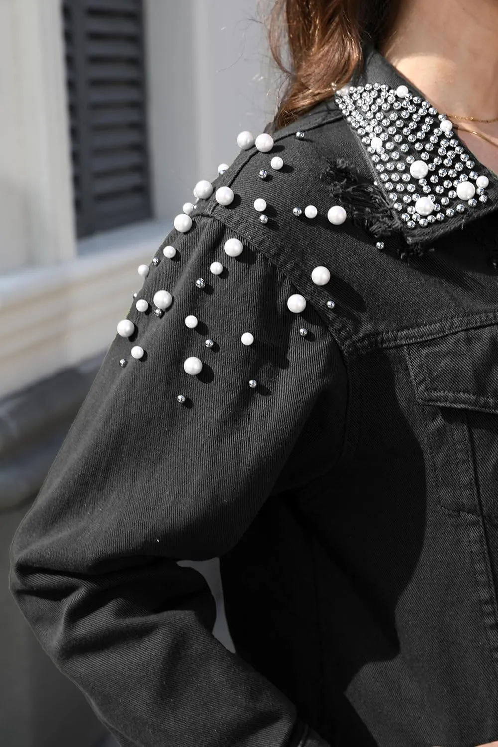 Women's Long Sleeve Button Down Pearl Jean Jacket Boyfriend Long Denim Coat