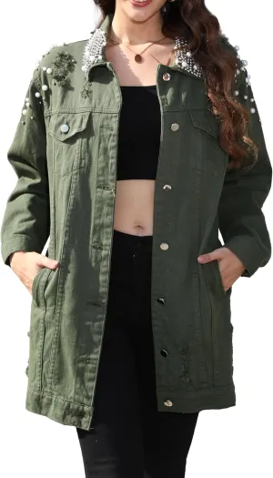 Women's Long Sleeve Button Down Pearl Jean Jacket Boyfriend Long Denim Coat