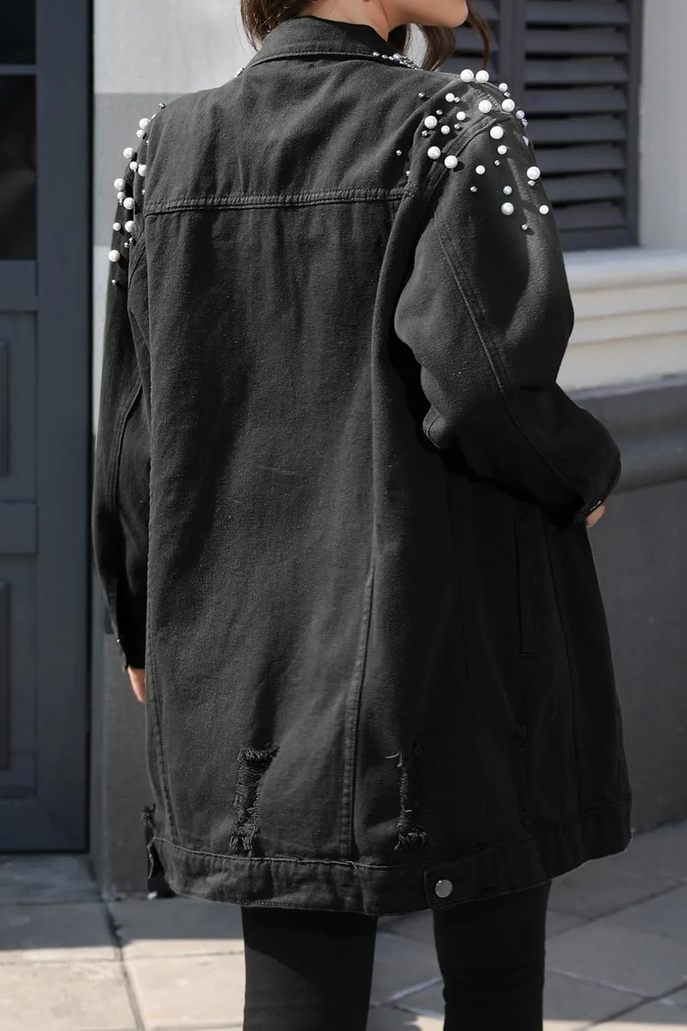 Women's Long Sleeve Button Down Pearl Jean Jacket Boyfriend Long Denim Coat