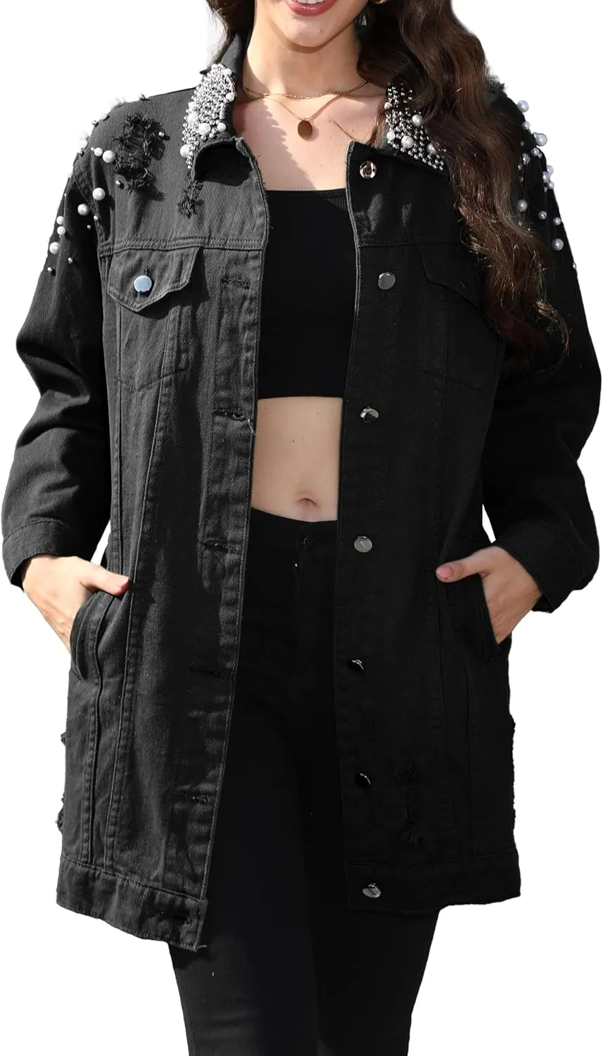 Women's Long Sleeve Button Down Pearl Jean Jacket Boyfriend Long Denim Coat