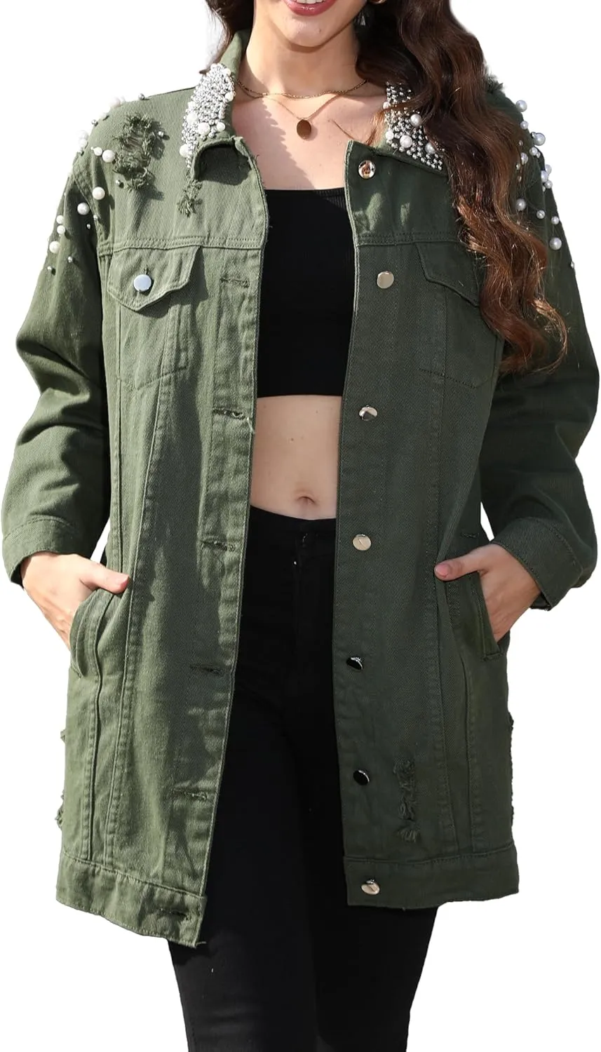 Women's Long Sleeve Button Down Pearl Jean Jacket Boyfriend Long Denim Coat