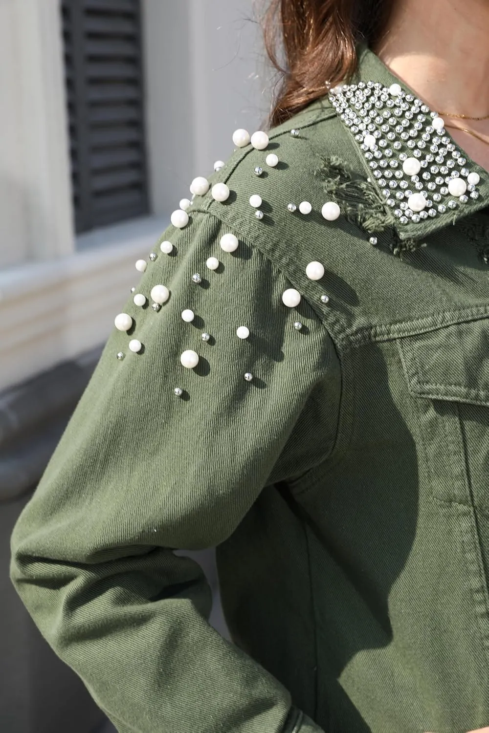 Women's Long Sleeve Button Down Pearl Jean Jacket Boyfriend Long Denim Coat