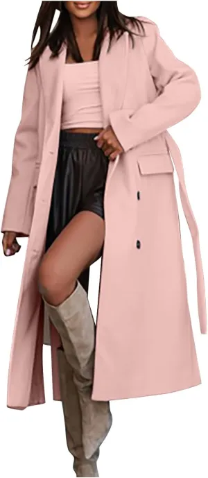 Women's Long Trench Coats Classic Causal Double Breasted Windproof Lapel Pocketed Overcoat with Belt