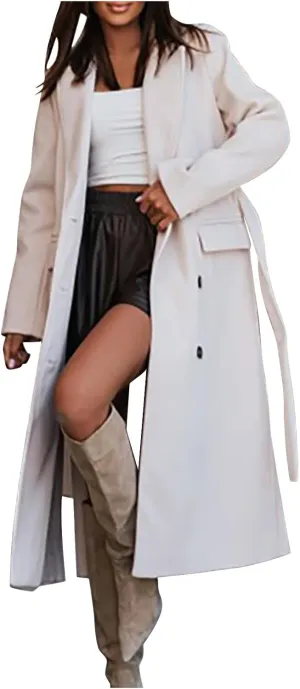 Women's Long Trench Coats Classic Causal Double Breasted Windproof Lapel Pocketed Overcoat with Belt