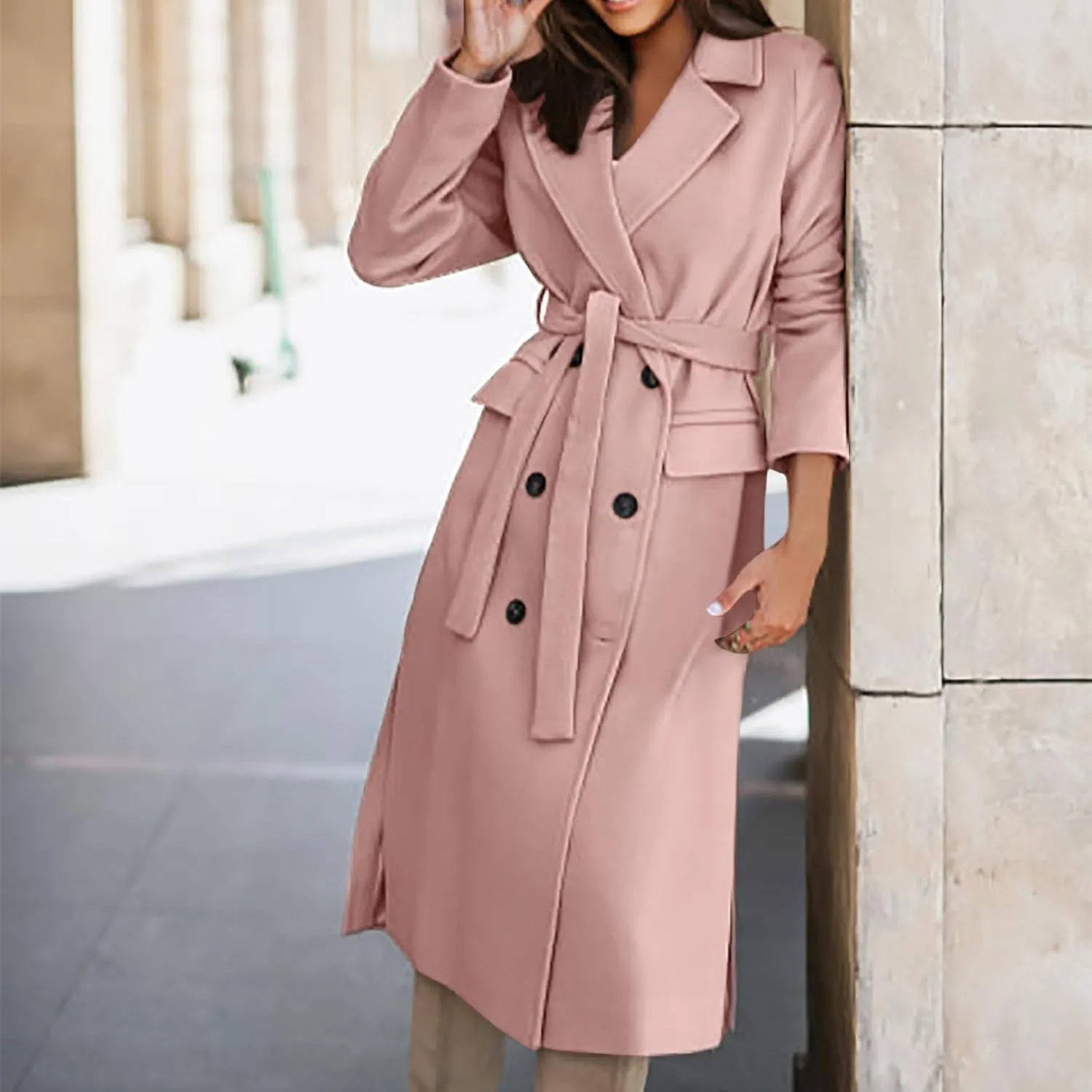 Women's Long Trench Coats Classic Causal Double Breasted Windproof Lapel Pocketed Overcoat with Belt