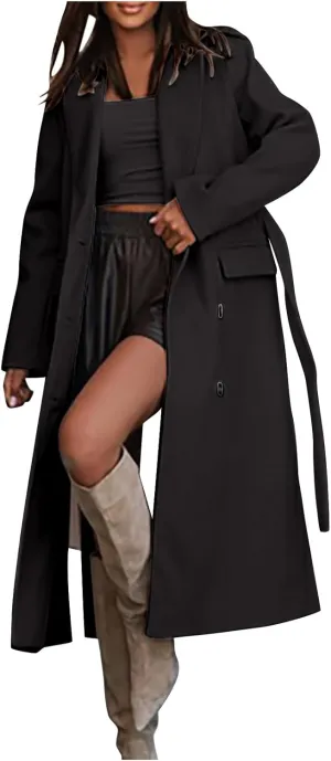 Women's Long Trench Coats Classic Causal Double Breasted Windproof Lapel Pocketed Overcoat with Belt