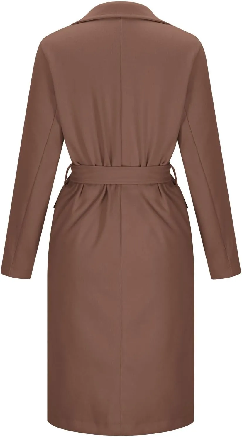 Women's Long Trench Coats Classic Causal Double Breasted Windproof Lapel Pocketed Overcoat with Belt