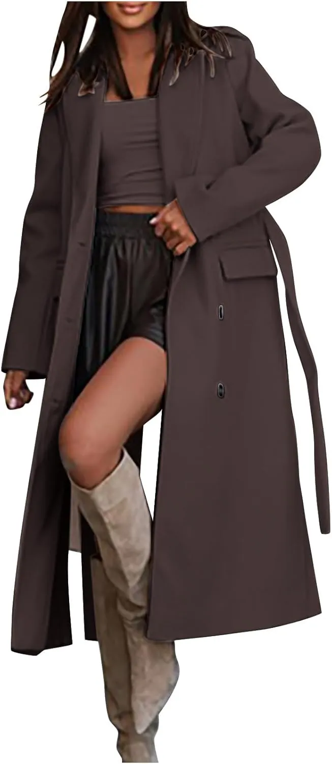 Women's Long Trench Coats Classic Causal Double Breasted Windproof Lapel Pocketed Overcoat with Belt