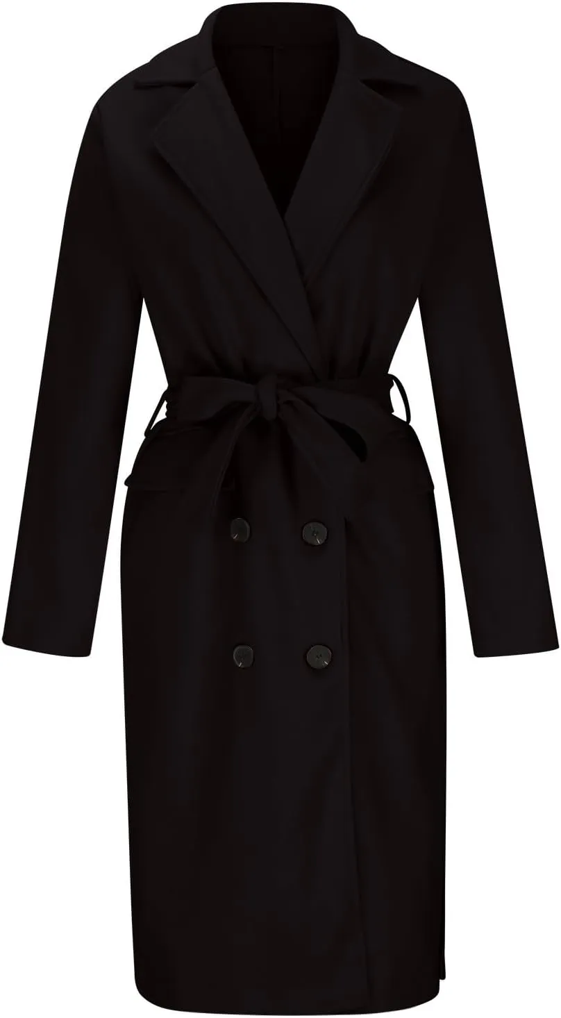 Women's Long Trench Coats Classic Causal Double Breasted Windproof Lapel Pocketed Overcoat with Belt