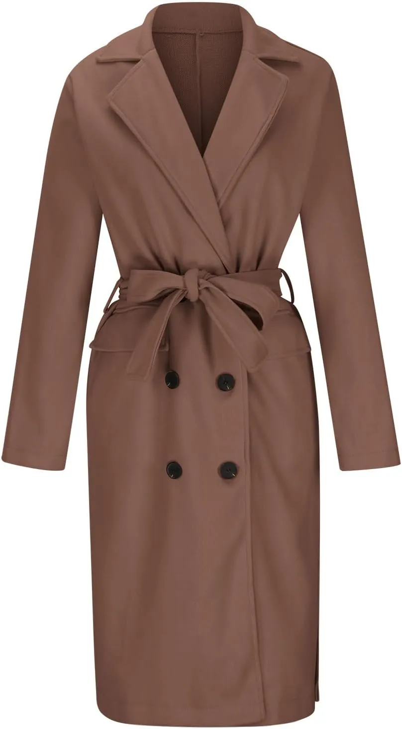 Women's Long Trench Coats Classic Causal Double Breasted Windproof Lapel Pocketed Overcoat with Belt