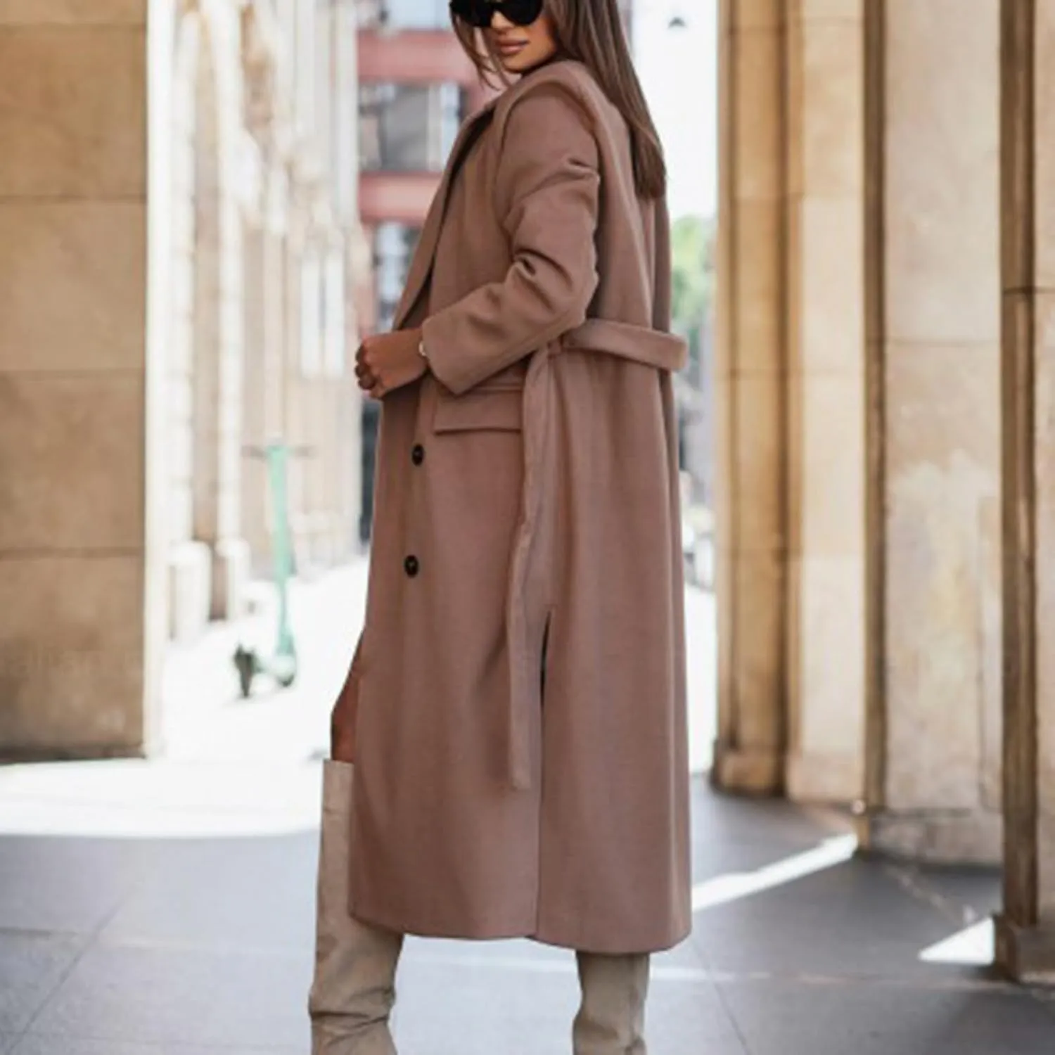 Women's Long Trench Coats Classic Causal Double Breasted Windproof Lapel Pocketed Overcoat with Belt