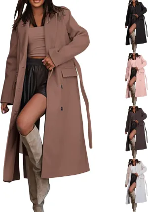 Women's Long Trench Coats Classic Causal Double Breasted Windproof Lapel Pocketed Overcoat with Belt
