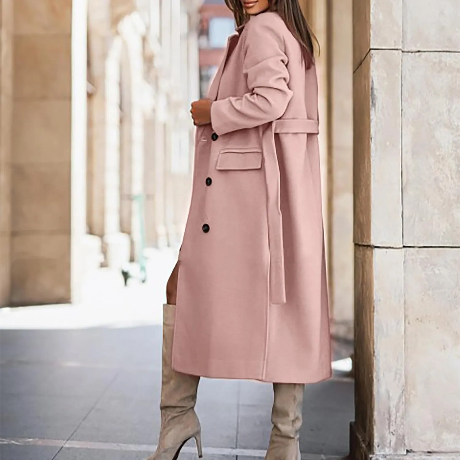 Women's Long Trench Coats Classic Causal Double Breasted Windproof Lapel Pocketed Overcoat with Belt