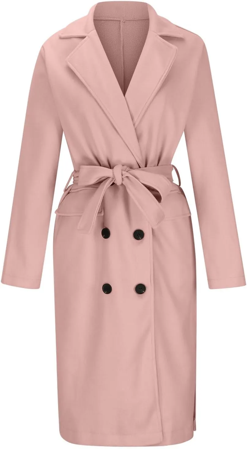 Women's Long Trench Coats Classic Causal Double Breasted Windproof Lapel Pocketed Overcoat with Belt