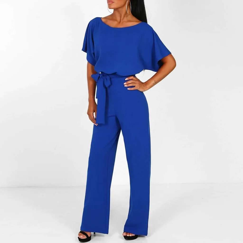 Womens Loose Short Sleeve Belted Wide Leg Pant Romper Jumpsuit Summer Business Casual Work One Piece Outfits