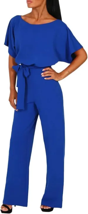 Womens Loose Short Sleeve Belted Wide Leg Pant Romper Jumpsuit Summer Business Casual Work One Piece Outfits