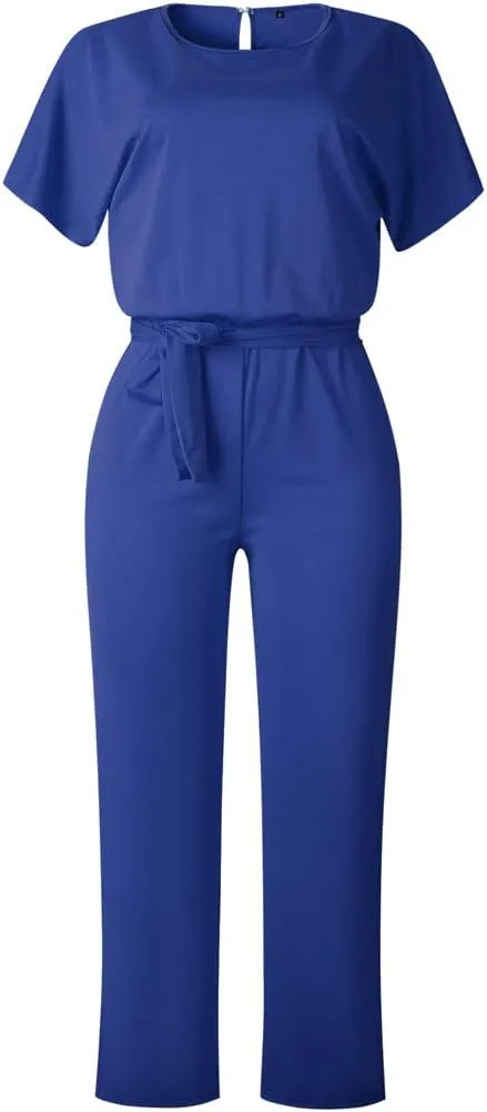 Womens Loose Short Sleeve Belted Wide Leg Pant Romper Jumpsuit Summer Business Casual Work One Piece Outfits