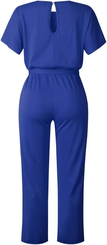 Womens Loose Short Sleeve Belted Wide Leg Pant Romper Jumpsuit Summer Business Casual Work One Piece Outfits