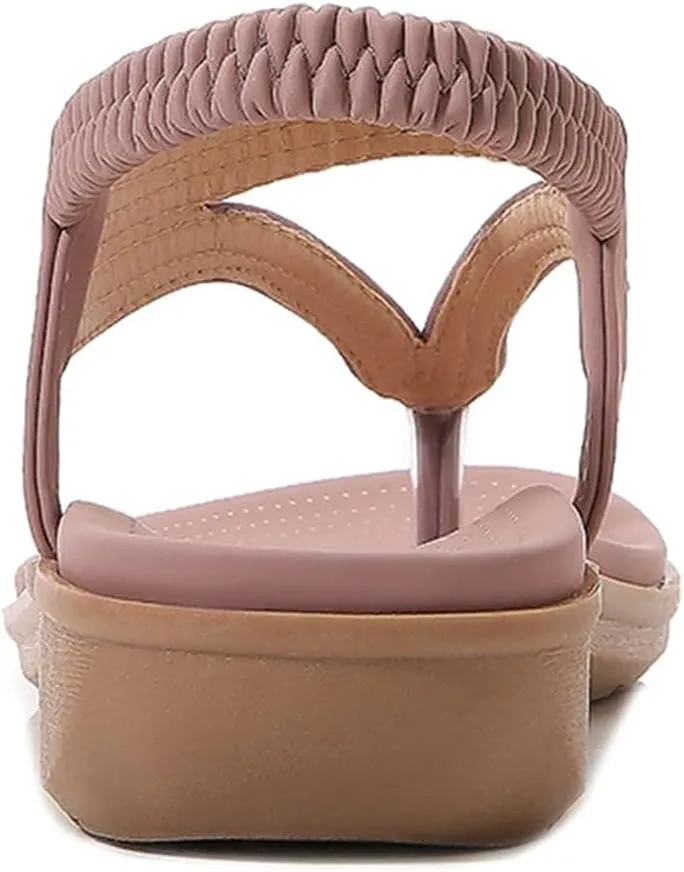 Women's Low Wedge Sandals Orthopedic Dressy T-Strap Flat Thong Sandals Comfortable Soft Cushion Summer Beach Flip Flop Shoes with Adjustable Back Ankle Strap