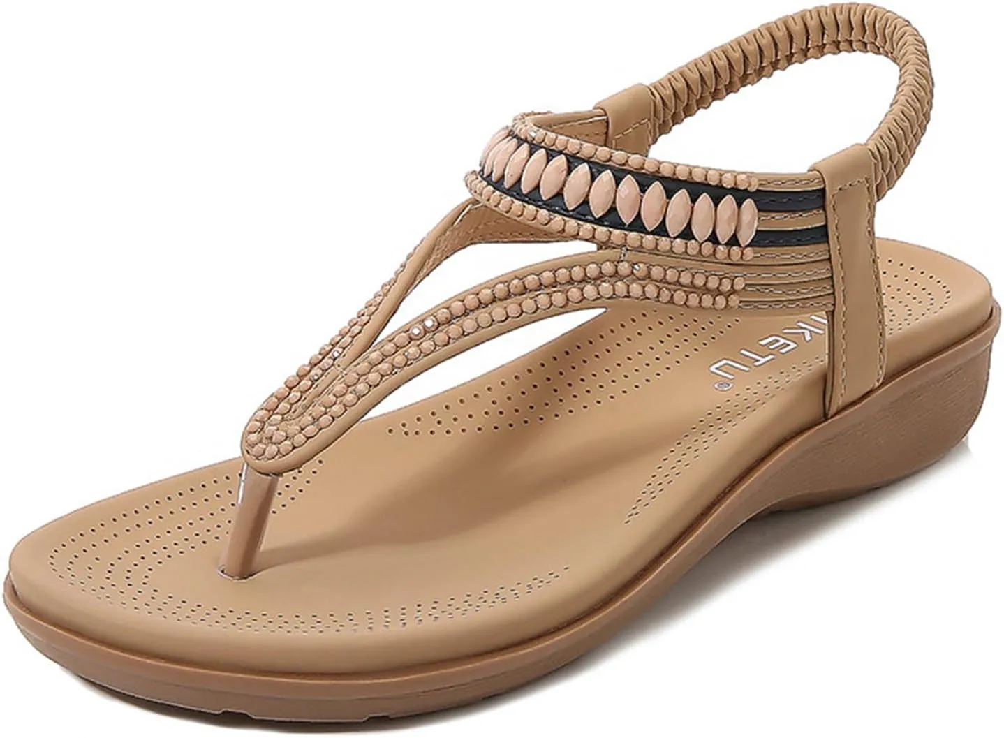 Women's Low Wedge Sandals Orthopedic Dressy T-Strap Flat Thong Sandals Comfortable Soft Cushion Summer Beach Flip Flop Shoes with Adjustable Back Ankle Strap