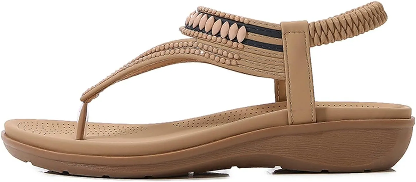 Women's Low Wedge Sandals Orthopedic Dressy T-Strap Flat Thong Sandals Comfortable Soft Cushion Summer Beach Flip Flop Shoes with Adjustable Back Ankle Strap