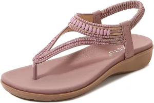 Women's Low Wedge Sandals Orthopedic Dressy T-Strap Flat Thong Sandals Comfortable Soft Cushion Summer Beach Flip Flop Shoes with Adjustable Back Ankle Strap