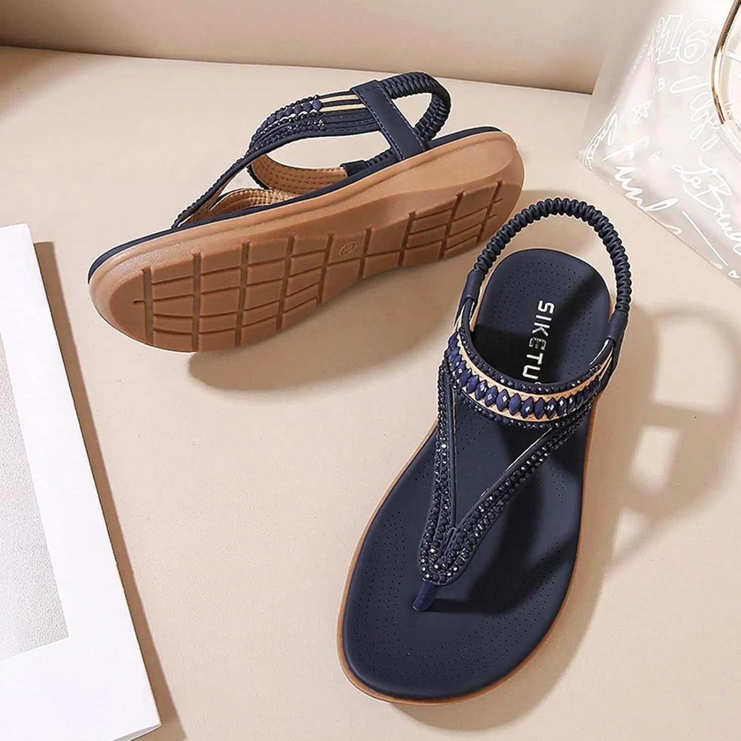 Women's Low Wedge Sandals Orthopedic Dressy T-Strap Flat Thong Sandals Comfortable Soft Cushion Summer Beach Flip Flop Shoes with Adjustable Back Ankle Strap