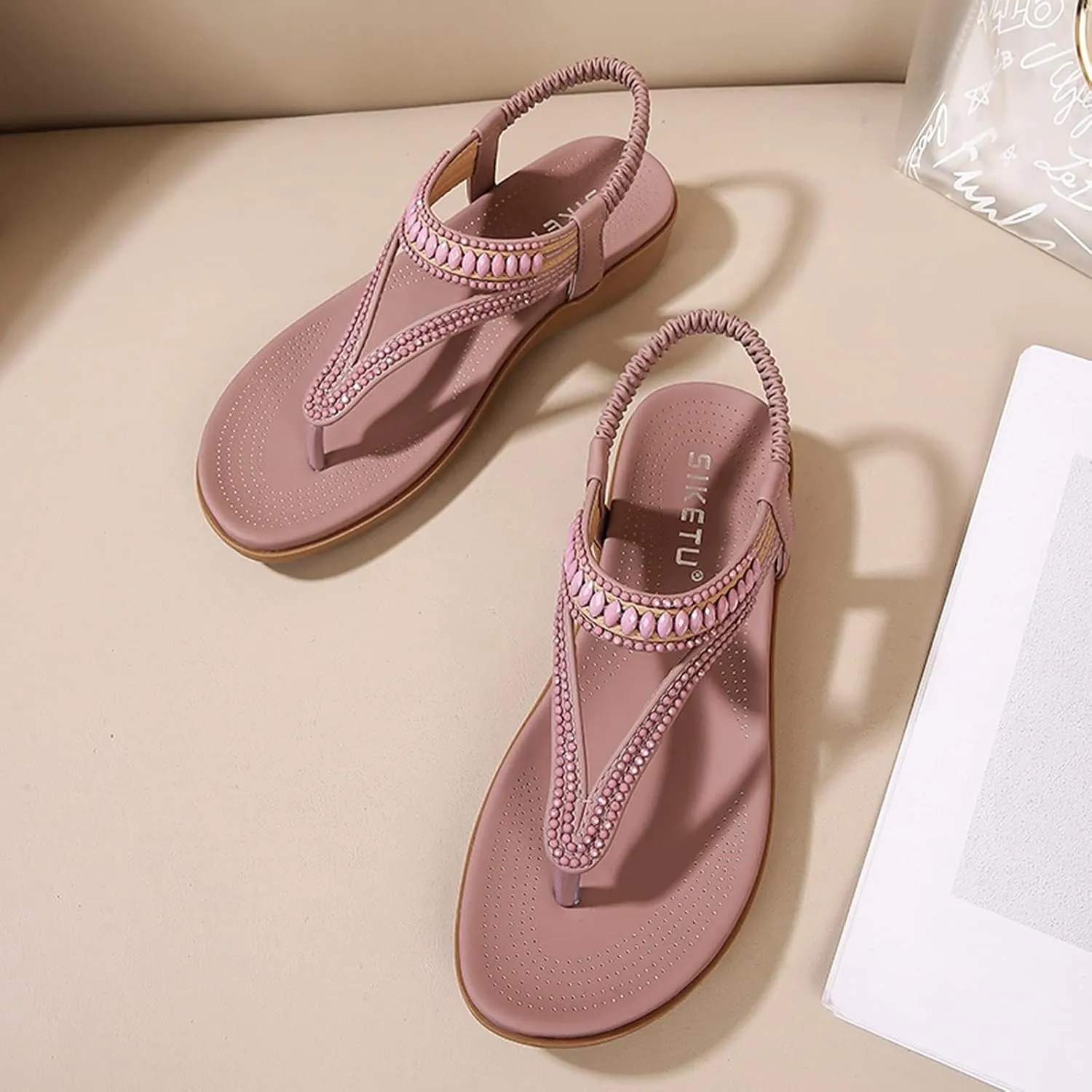 Women's Low Wedge Sandals Orthopedic Dressy T-Strap Flat Thong Sandals Comfortable Soft Cushion Summer Beach Flip Flop Shoes with Adjustable Back Ankle Strap