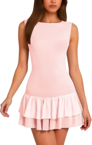 Womens Mini Dress Flowy Ruffle Ruched Tiered Skirt Bodycon Sleeveless Tank Sundress Slim Fit Corset Short Dress