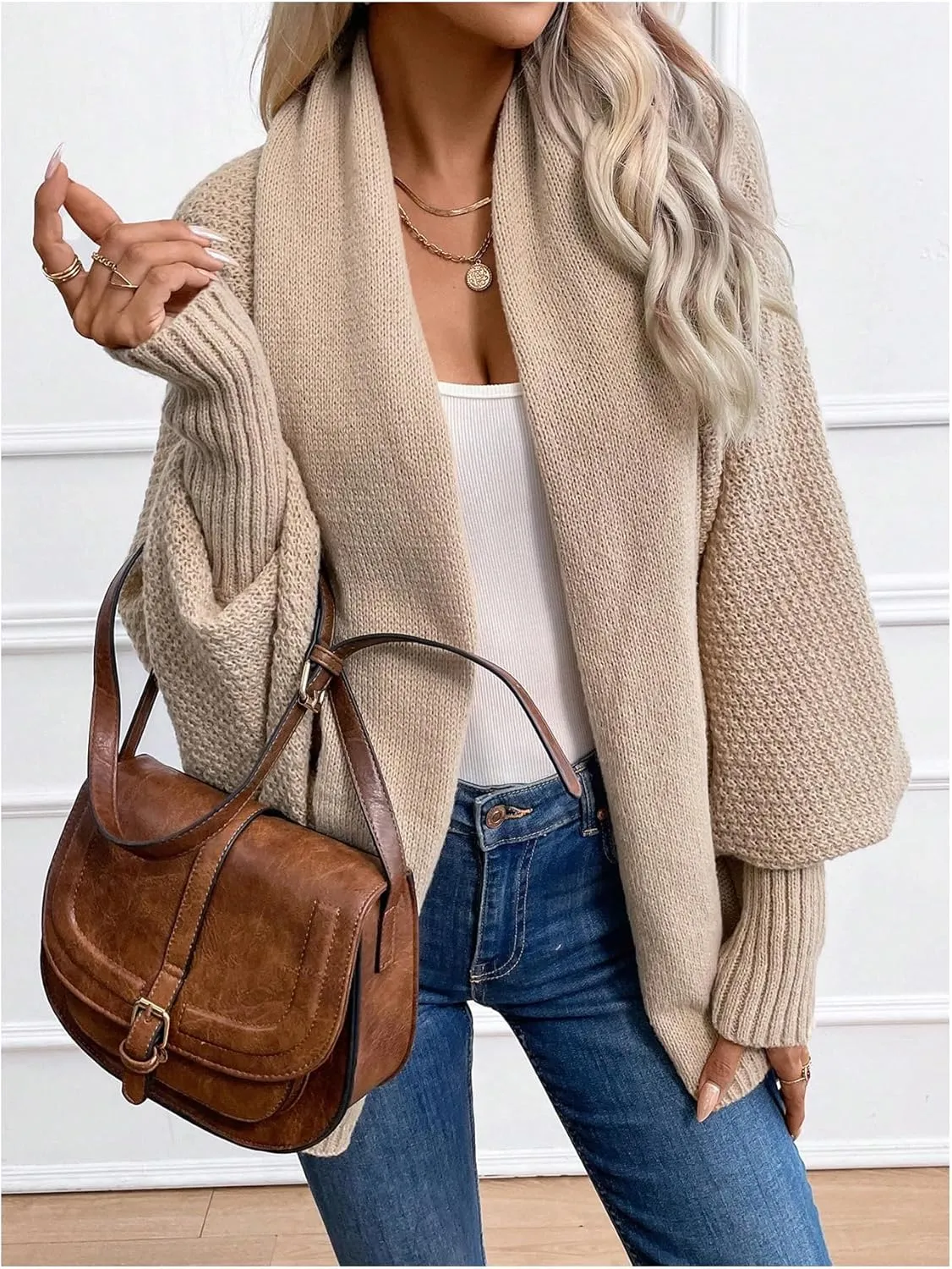 Women's Open Front Cardigan Long Sleeve Knitwear Shawl Collar Long Cardigan