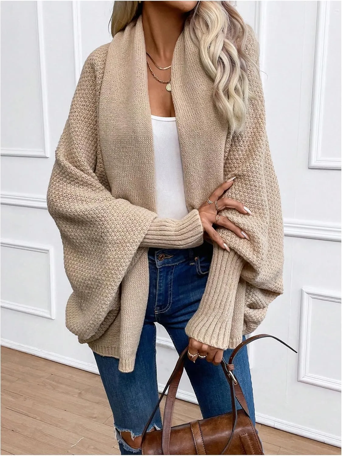 Women's Open Front Cardigan Long Sleeve Knitwear Shawl Collar Long Cardigan