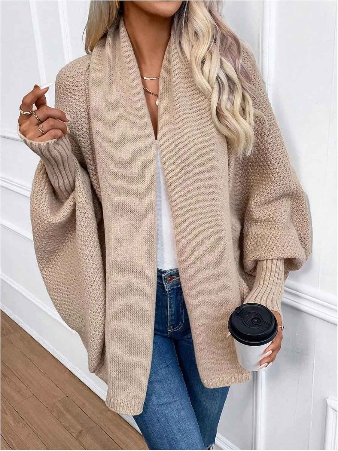 Women's Open Front Cardigan Long Sleeve Knitwear Shawl Collar Long Cardigan