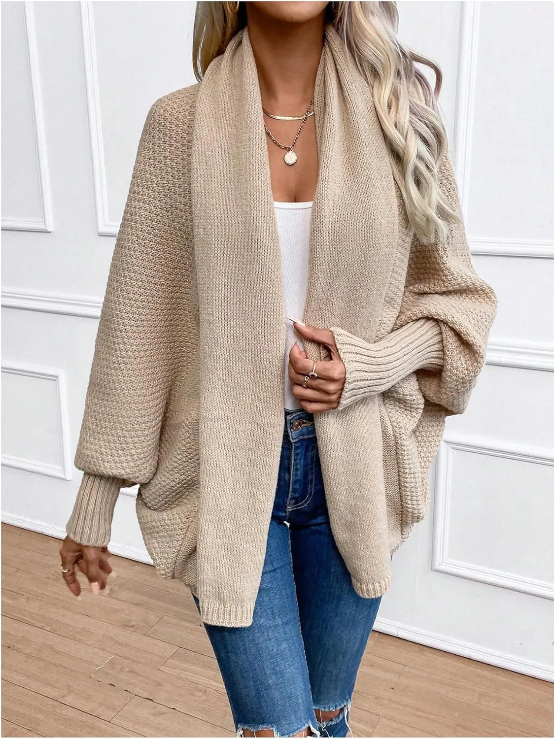Women's Open Front Cardigan Long Sleeve Knitwear Shawl Collar Long Cardigan