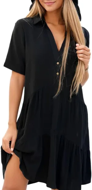 Womens Plus Size Cotton Linen Button Down V Neck Lapel Short Sleeve Midi Sundress Casual Loose Flowy Summer Dresses
