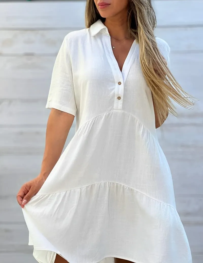 Womens Plus Size Cotton Linen Button Down V Neck Lapel Short Sleeve Midi Sundress Casual Loose Flowy Summer Dresses