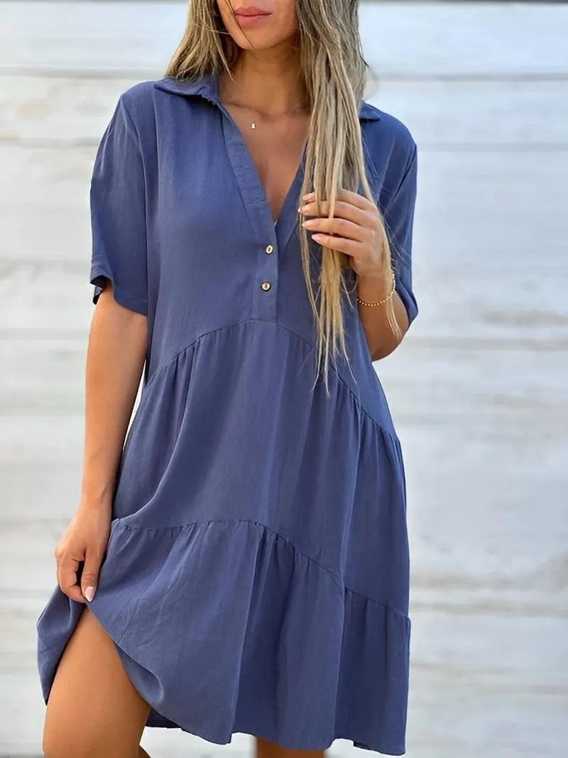 Womens Plus Size Cotton Linen Button Down V Neck Lapel Short Sleeve Midi Sundress Casual Loose Flowy Summer Dresses