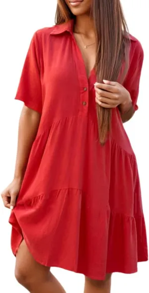 Womens Plus Size Cotton Linen Button Down V Neck Lapel Short Sleeve Midi Sundress Casual Loose Flowy Summer Dresses