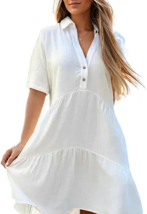 Womens Plus Size Cotton Linen Button Down V Neck Lapel Short Sleeve Midi Sundress Casual Loose Flowy Summer Dresses