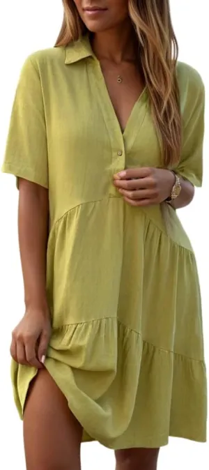 Womens Plus Size Cotton Linen Button Down V Neck Lapel Short Sleeve Midi Sundress Casual Loose Flowy Summer Dresses