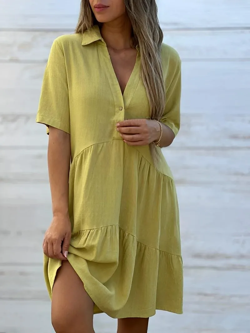Womens Plus Size Cotton Linen Button Down V Neck Lapel Short Sleeve Midi Sundress Casual Loose Flowy Summer Dresses