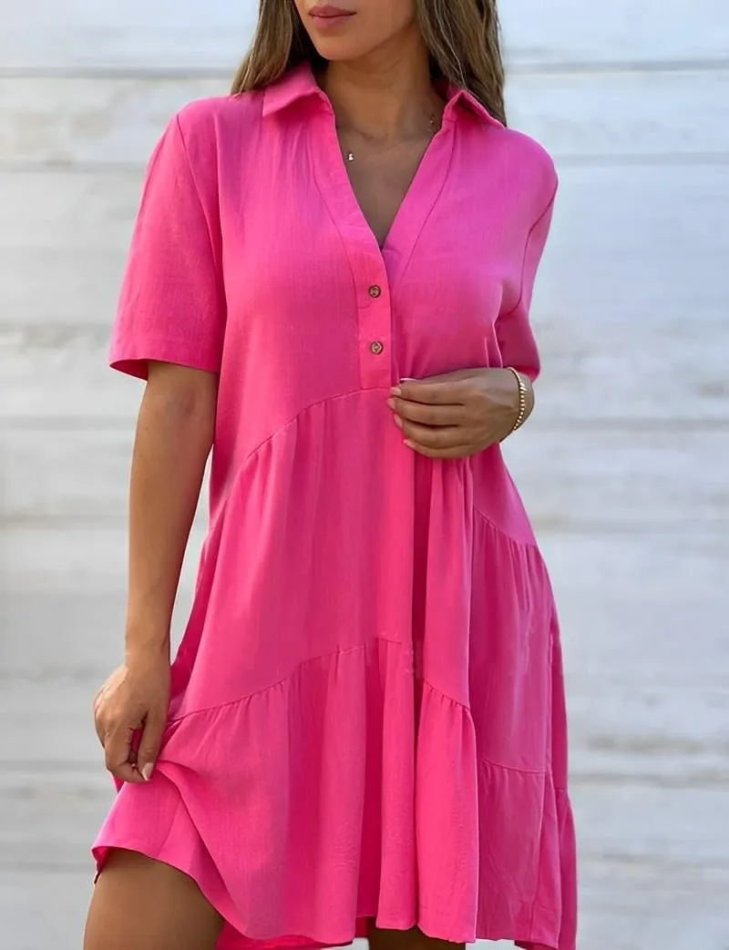 Womens Plus Size Cotton Linen Button Down V Neck Lapel Short Sleeve Midi Sundress Casual Loose Flowy Summer Dresses