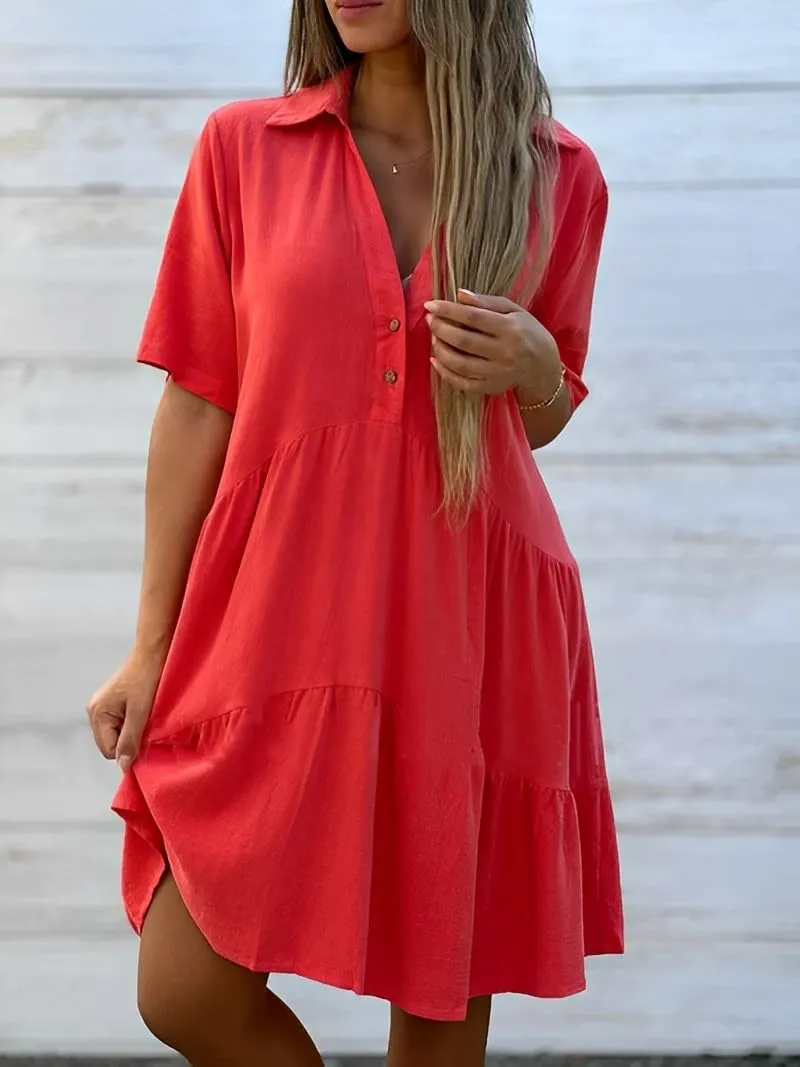 Womens Plus Size Cotton Linen Button Down V Neck Lapel Short Sleeve Midi Sundress Casual Loose Flowy Summer Dresses