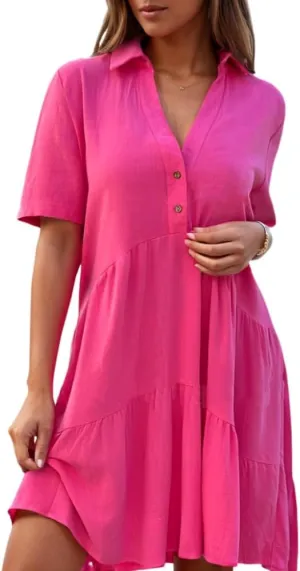Womens Plus Size Cotton Linen Button Down V Neck Lapel Short Sleeve Midi Sundress Casual Loose Flowy Summer Dresses
