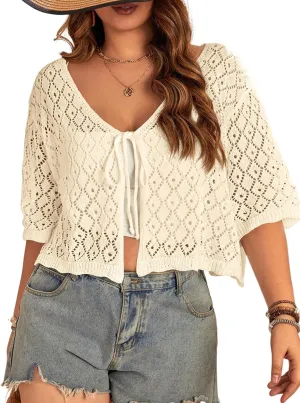 Women's Plus Size Crochet Cardigan Crop Short Sleeves Tie Front Lightweight Knitwear